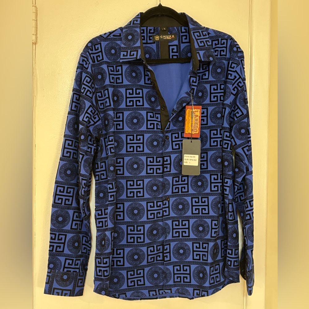 Chuxx Western Wear Shirt Royal Blue W/ Raised Black Velvet Designs.New With tags